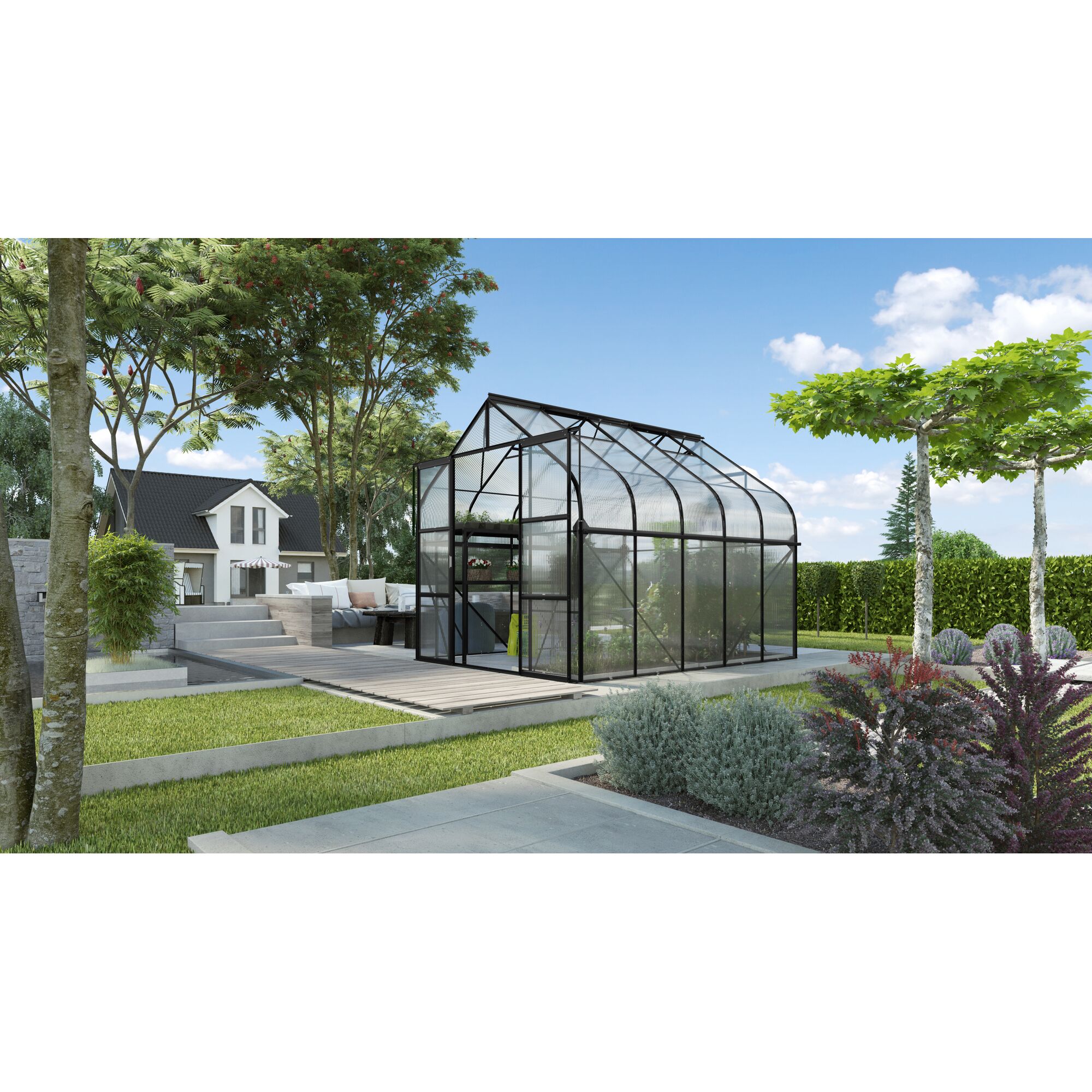 Gewächshaus Diana 8300 HKP 4mm schwarz im Garten