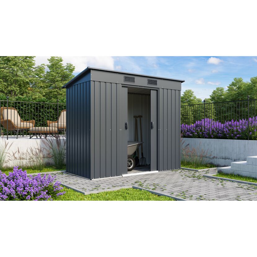Anthrazitfarbenes Metall-Gerätehaus im Garten