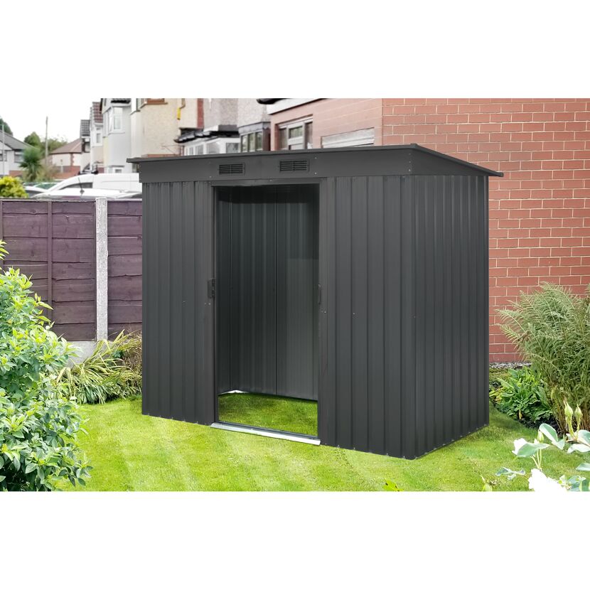 Anthrazitfarbenes Metall-Gerätehaus im Garten