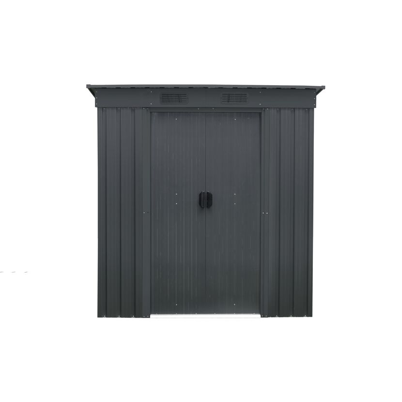 Anthrazitfarbenes Metall-Gerätehaus.