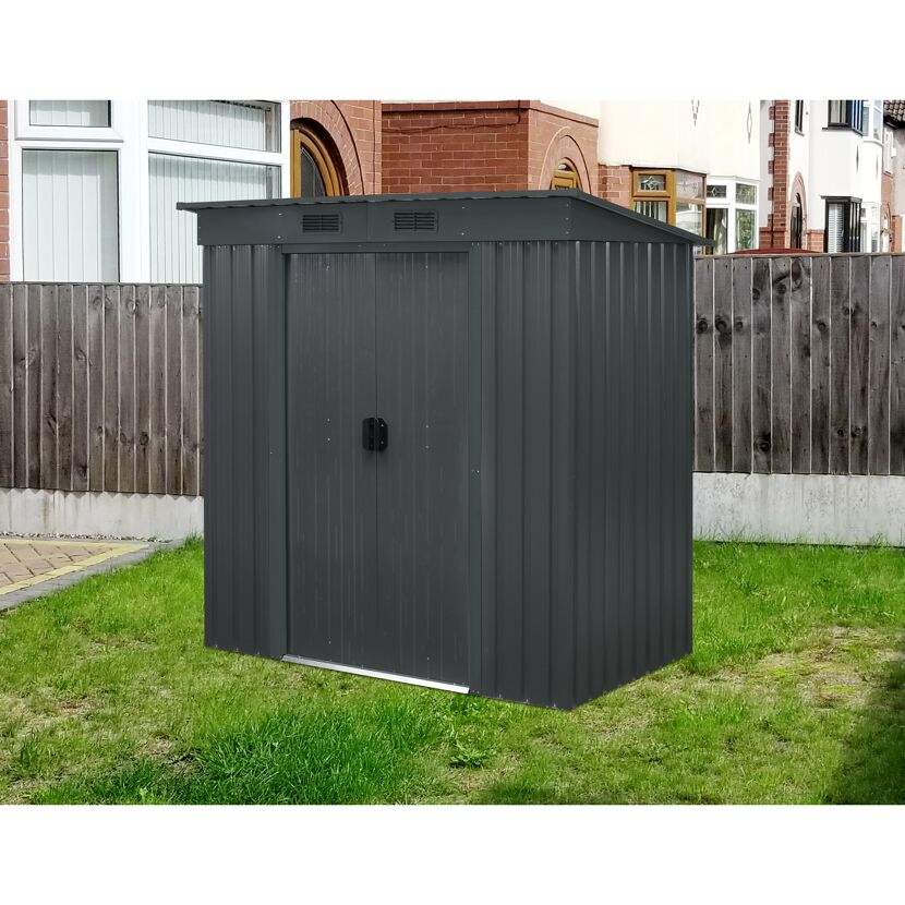 Anthrazitfarbenes Metall-Geräteschuppen im Garten.