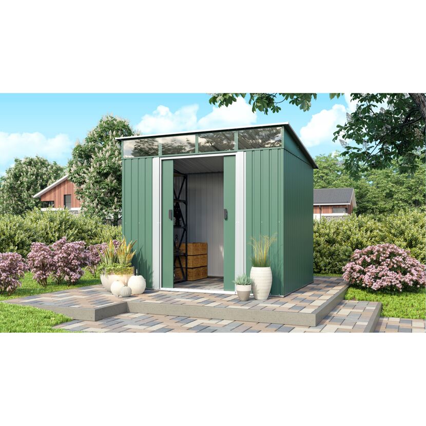 Grünes Metall-Gerätehaus im Garten