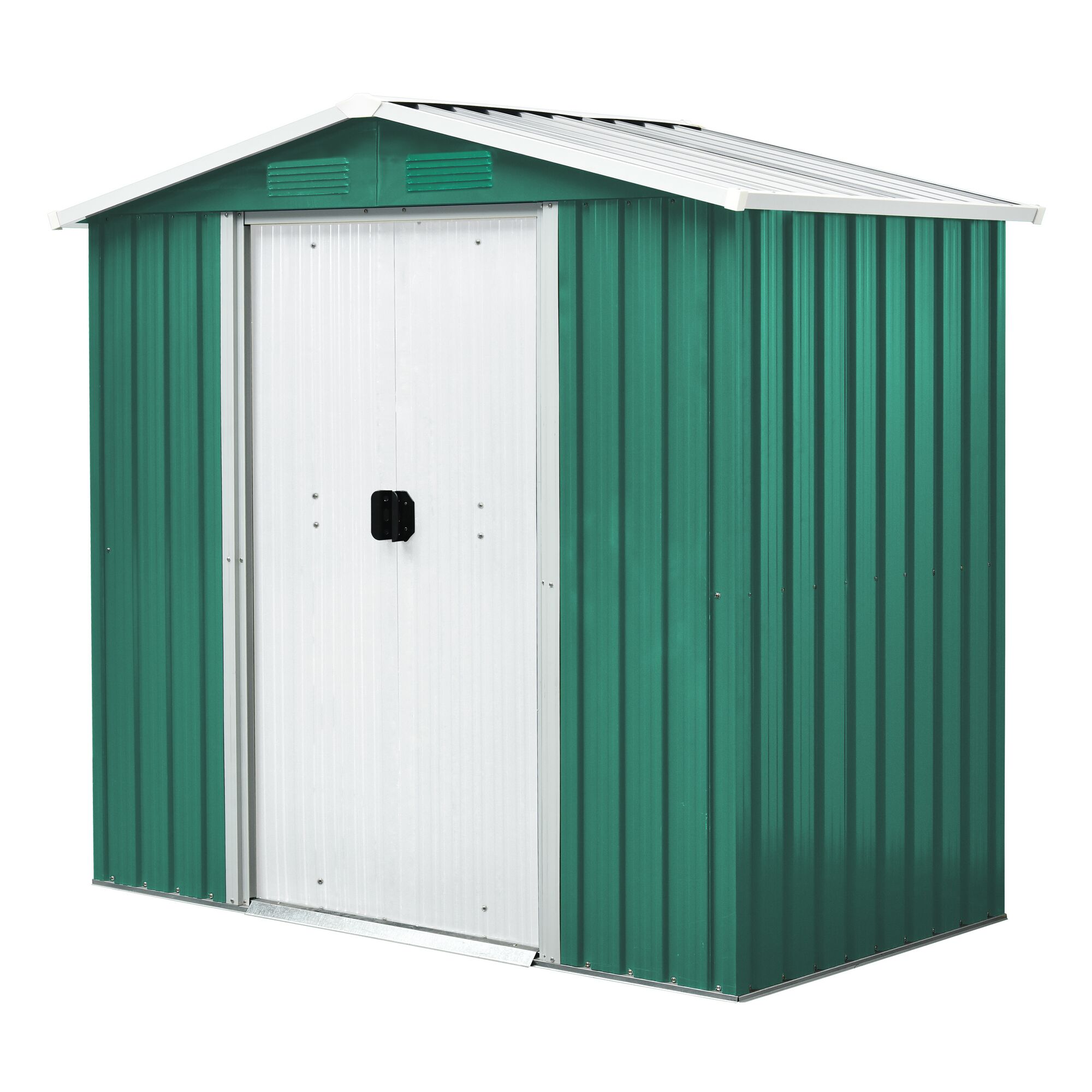 Grünes Metall-Gerätehaus mit weißer Doppeltür.