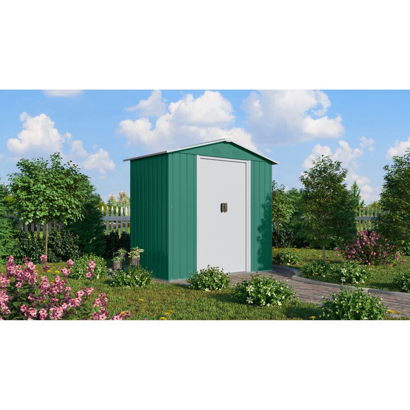 Grünes Metall-Gerätehaus im Garten