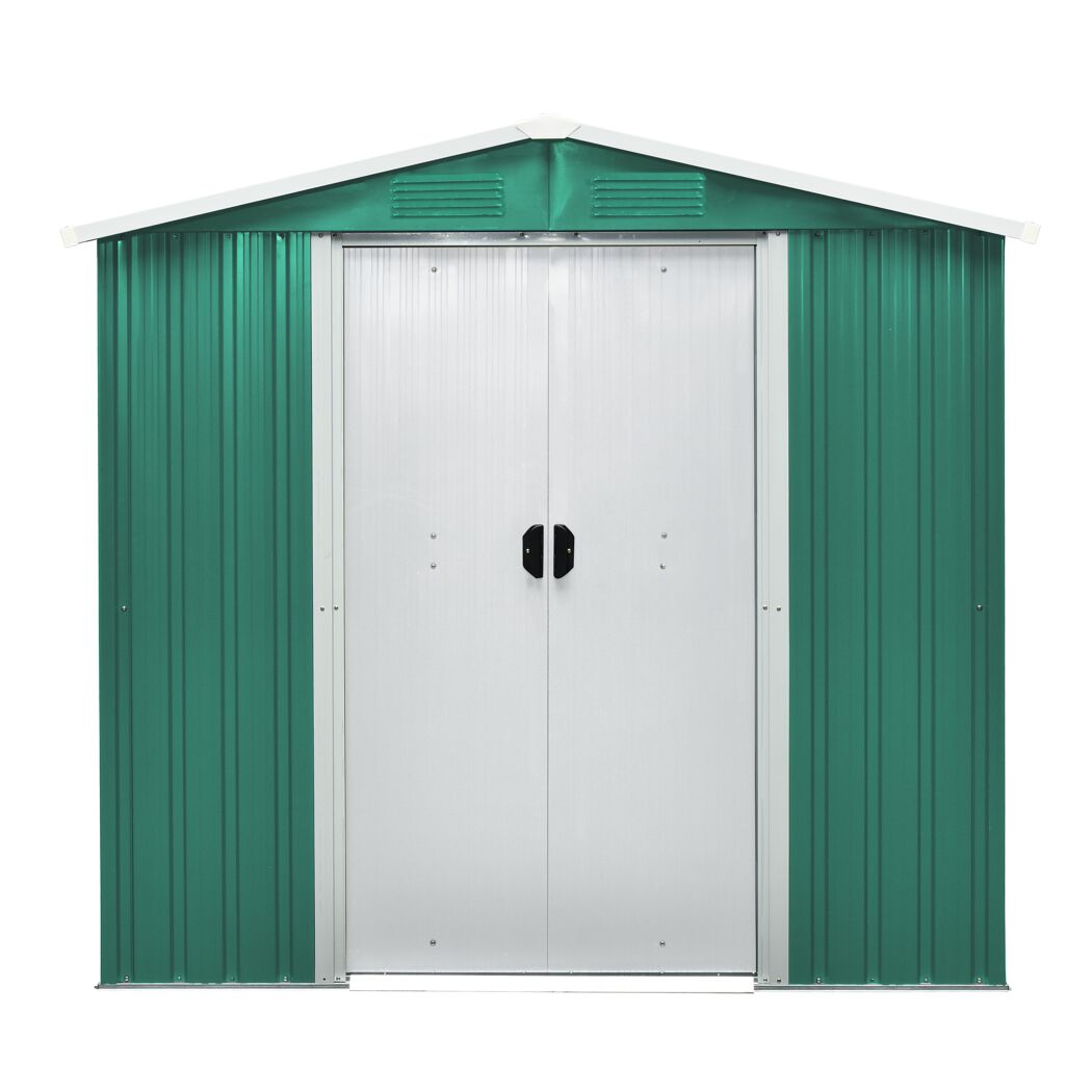 Grünes Metall-Gerätehaus mit weißen Türen