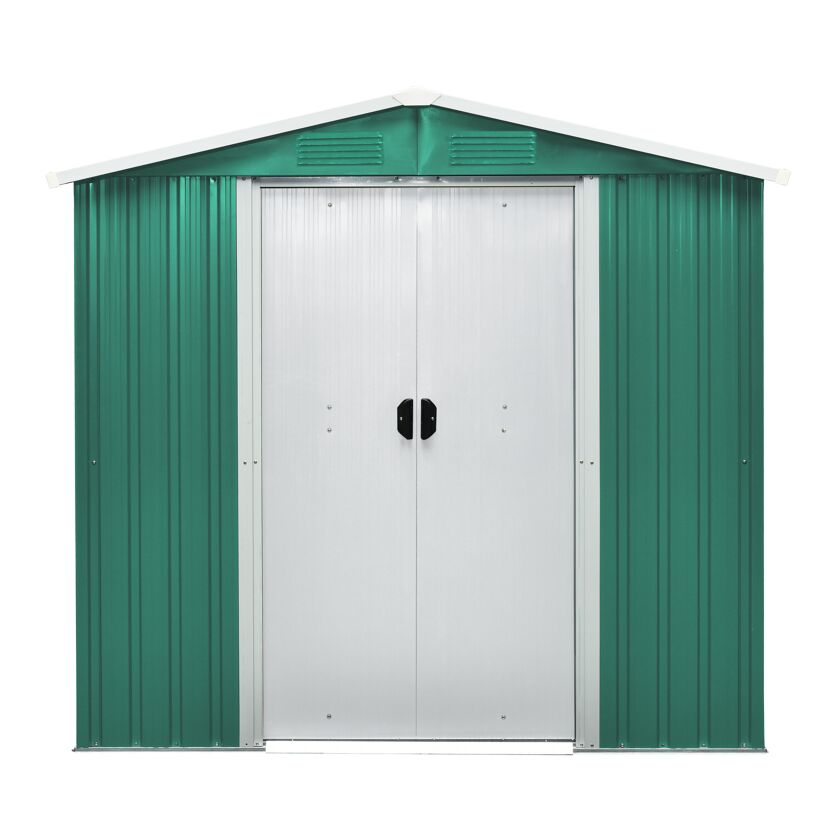 Grünes Metall-Gerätehaus mit weißen Türen
