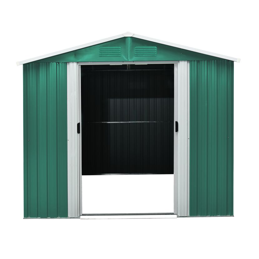 Grünes Metall-Gerätehaus mit geöffneten Türen