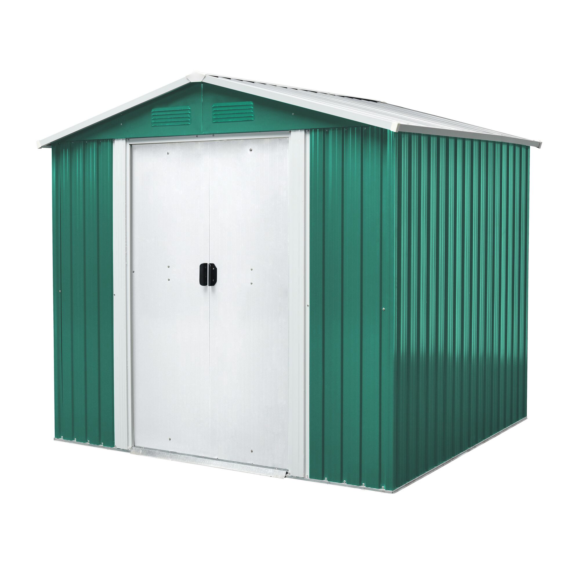 Grünes Metall-Gerätehaus mit weißen Türen
