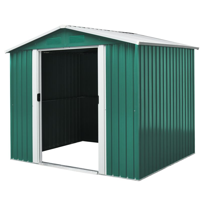 Grünes Metall-Gerätehaus mit geöffneter Tür