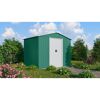 Grünes Metall-Gerätehaus im Garten