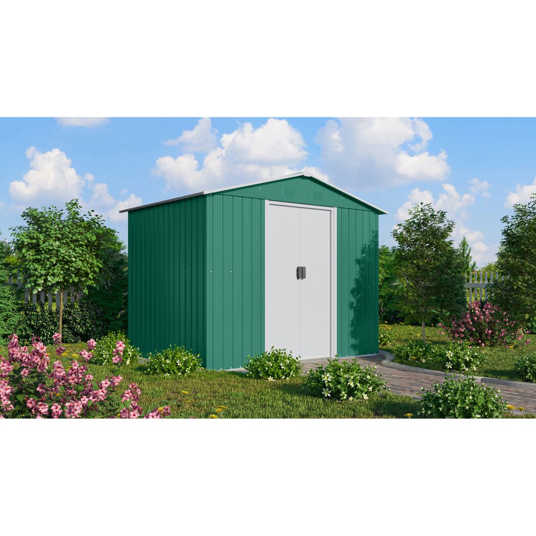 Grünes Metall-Gerätehaus im Garten