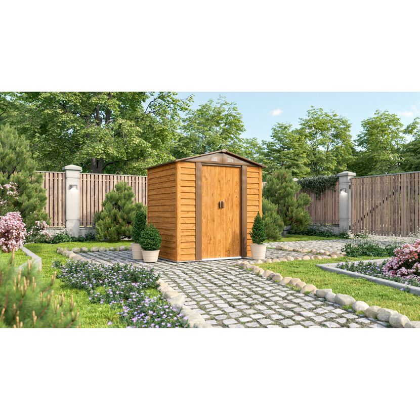 Gerätehaus Frankfurt II in Holzoptik im Garten