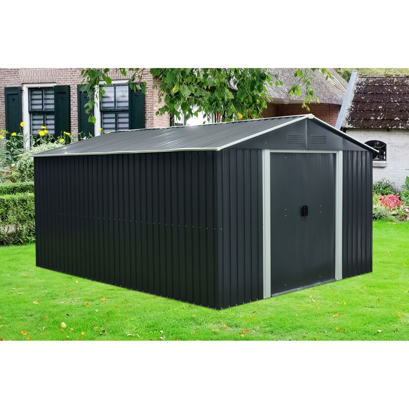 Gerätehaus MGH Dresden II 1012 schiefer-weiß im Garten