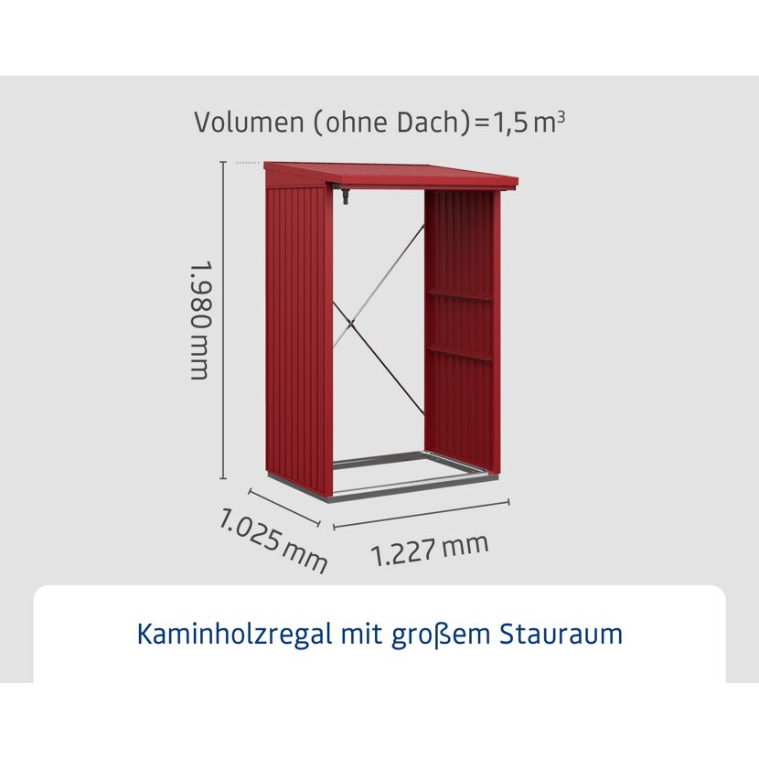 Rotes Kaminholzregal mit den Maßen 1,23 x 1,03 x 1,98 m