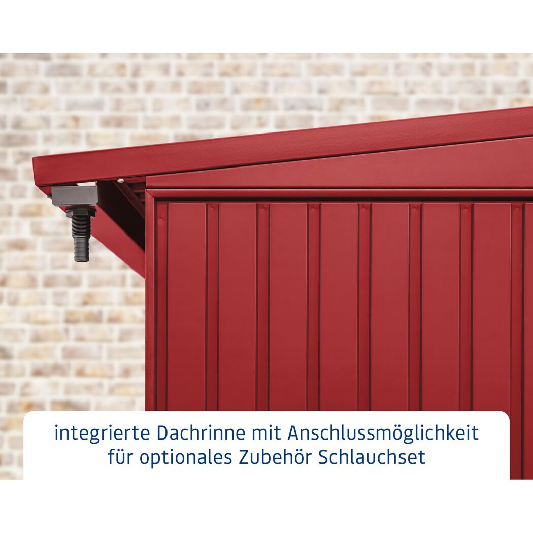 Rote Dachrinne mit Anschluss für Schlauchset