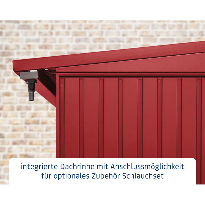 Rote Dachrinne mit Anschluss für Schlauchset