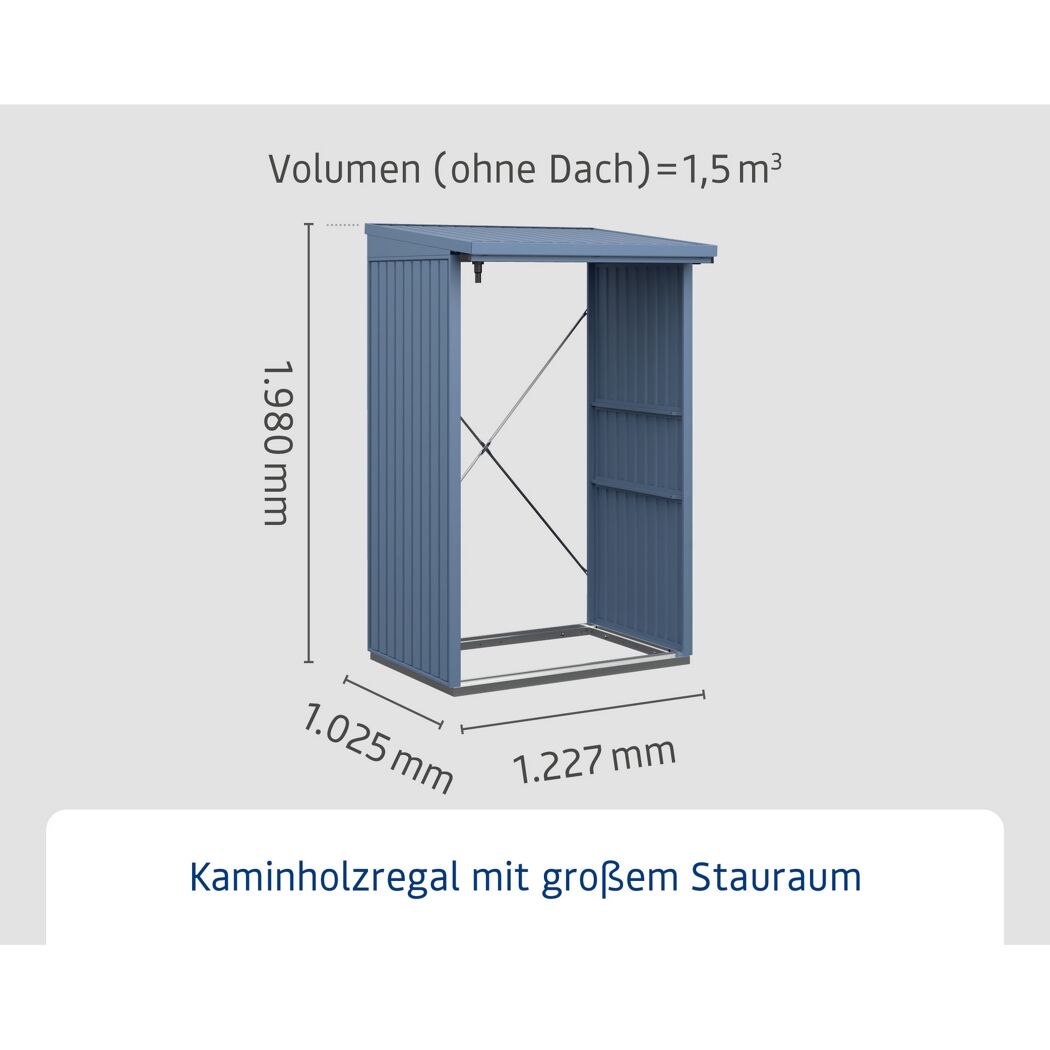Blaues Kaminholzregal mit den Maßen 1,227 x 1,025 x 1,980 mm
