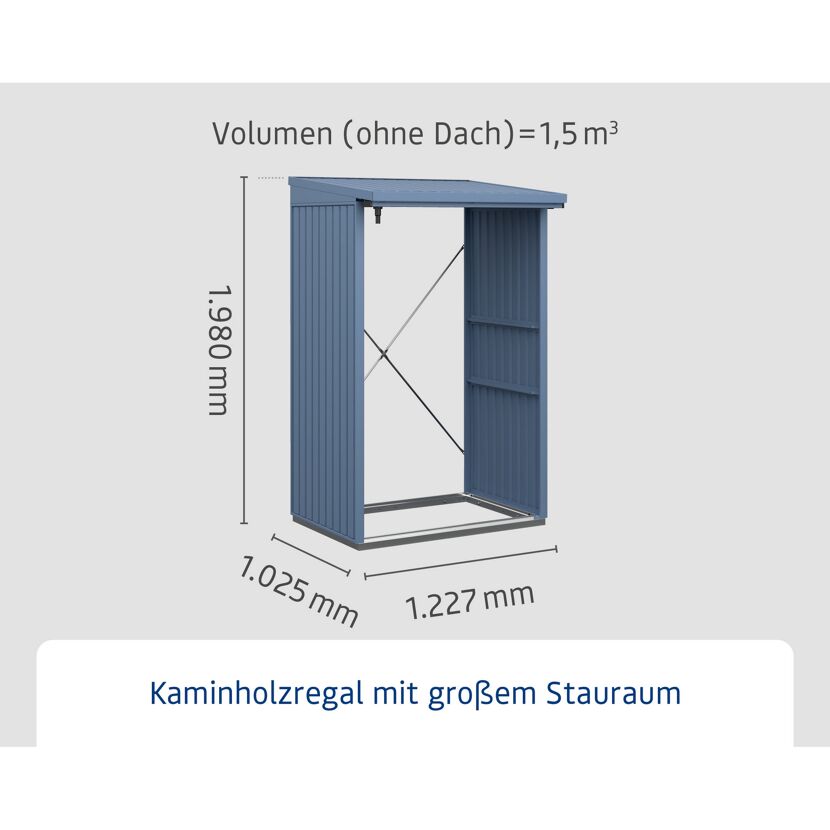 Blaues Kaminholzregal mit den Maßen 1,227 x 1,025 x 1,980 mm