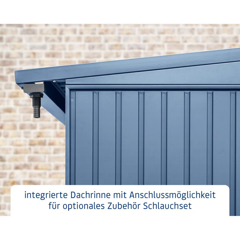 Blaues Gerätehaus mit Dachrinne.