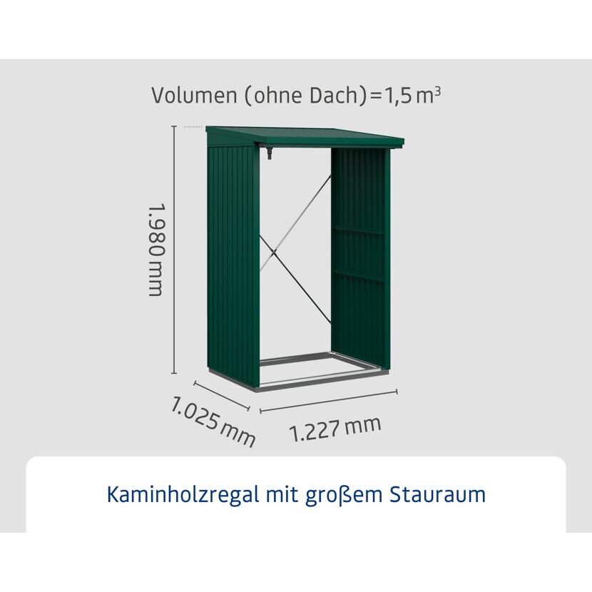 Grünes Kaminholzregal mit den Maßen 1,23 x 1,03 x 1,98 m