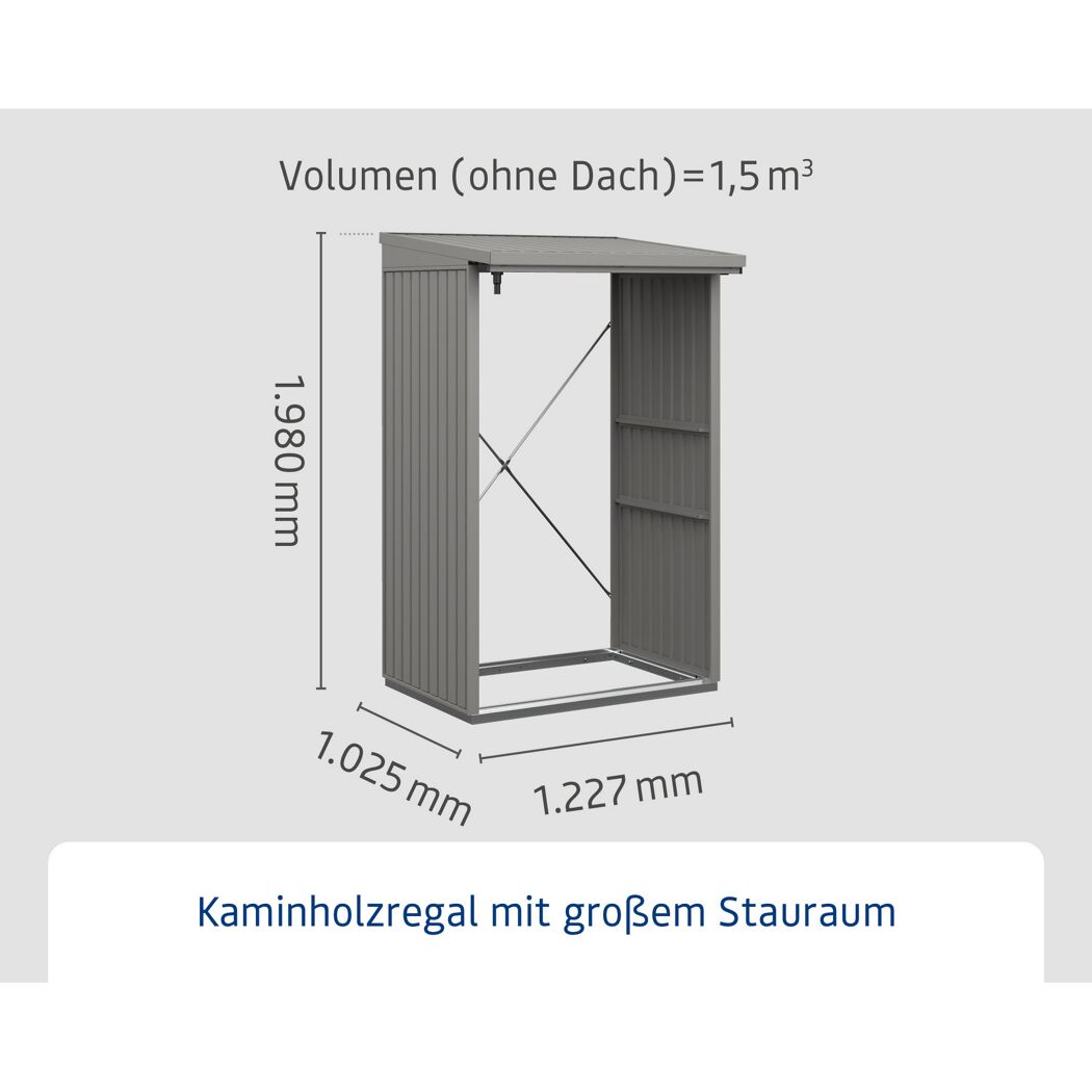 Graues Kaminholzregal mit den Maßen 1,22 x 1,03 x 1,98 m