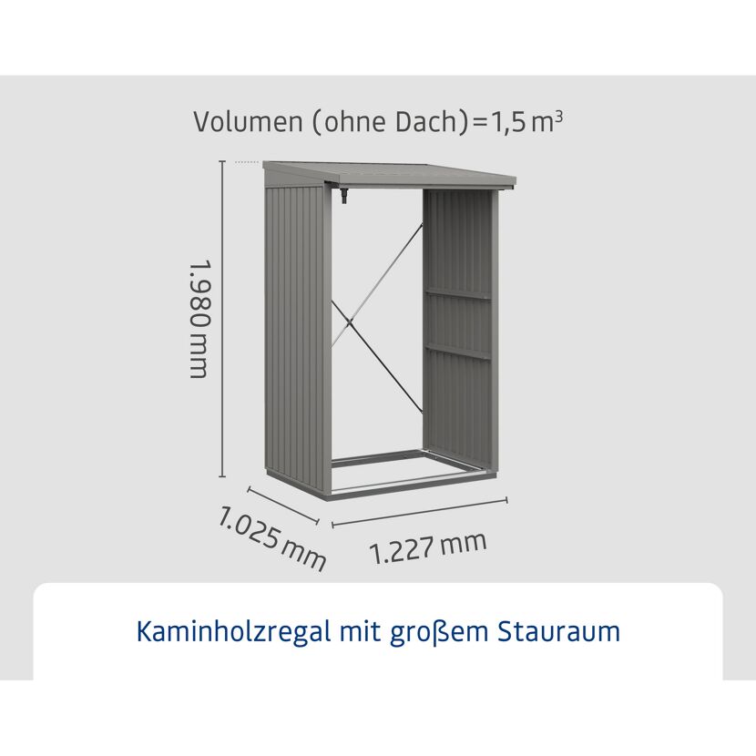 Graues Kaminholzregal mit den Maßen 1,22 x 1,03 x 1,98 m