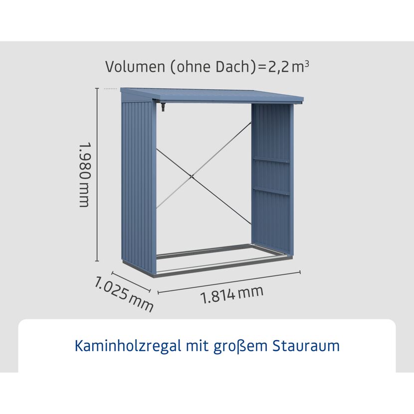 Blaues Kaminholzregal mit den Maßen 1,8 x 1 m und 2 m hoch
