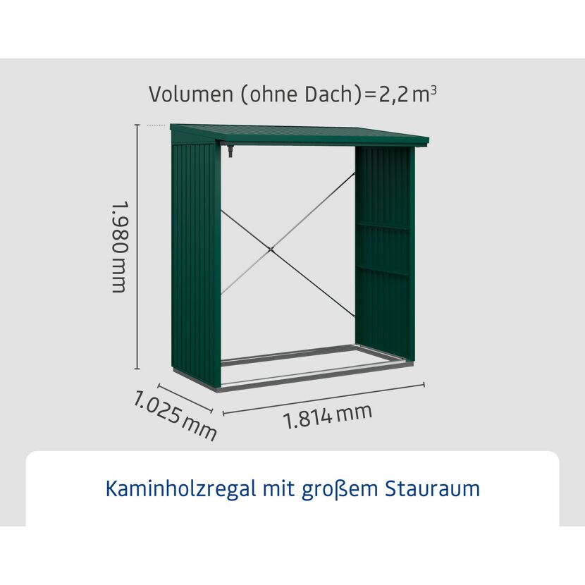 Grünes Kaminholzregal mit den Maßen 1,8 x 1 x 2 m