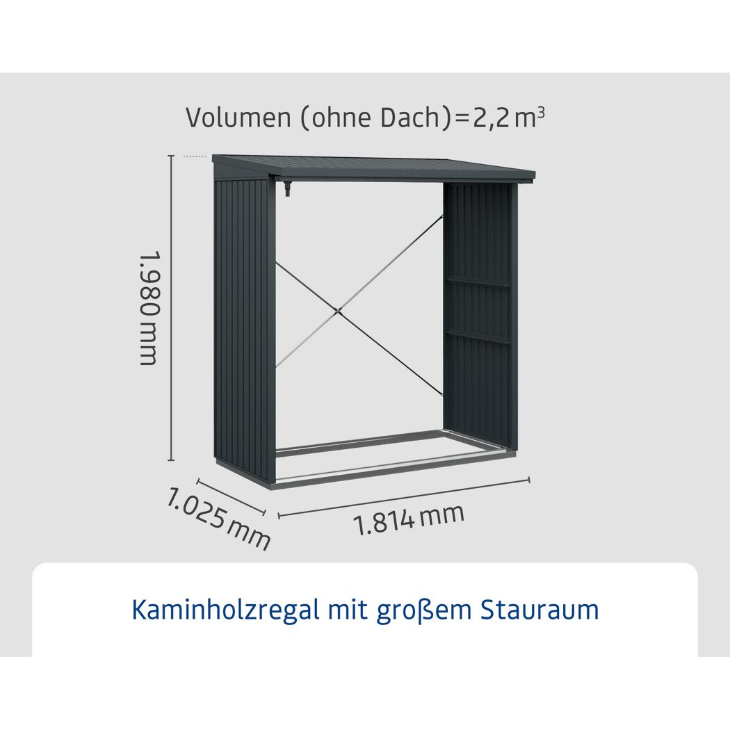 Anthrazitfarbenes Kaminholzregal mit den Maßen 1,8 x 1 m x 2 m.