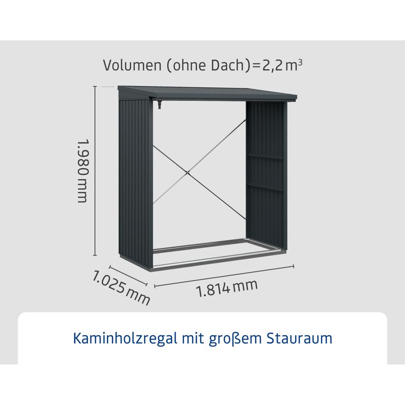 Anthrazitfarbenes Kaminholzregal mit den Maßen 1,8 x 1 m x 2 m.