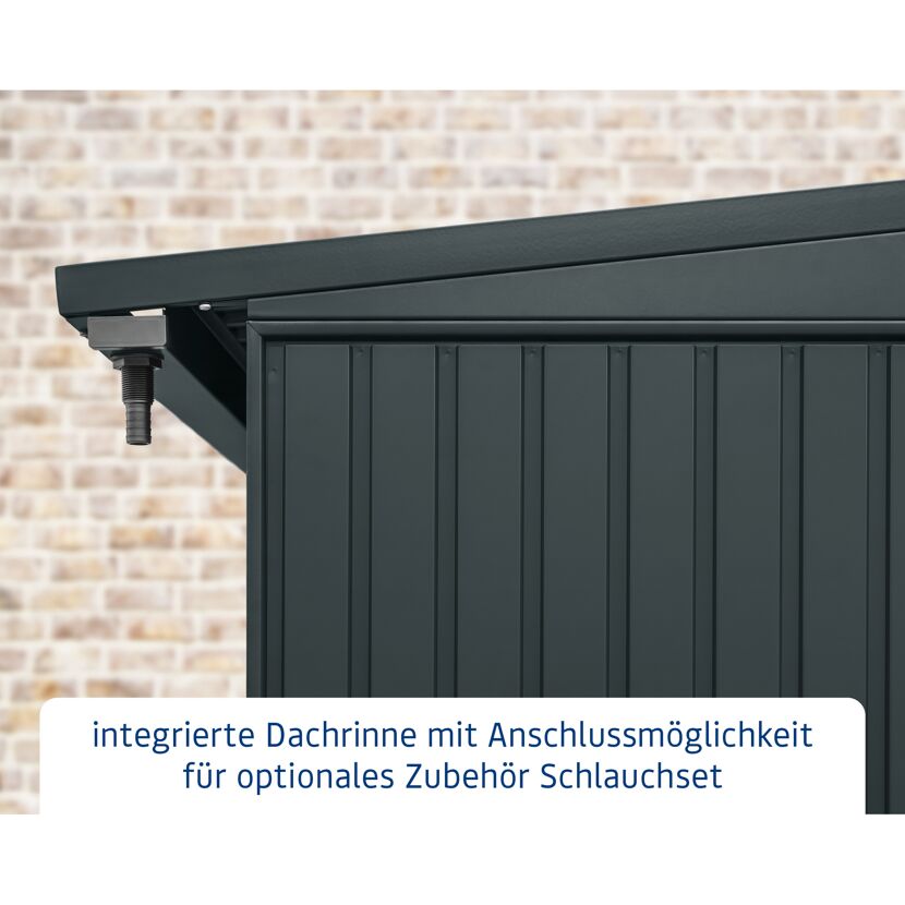 Anthrazitfarbenes Gerätehaus mit Dachrinne