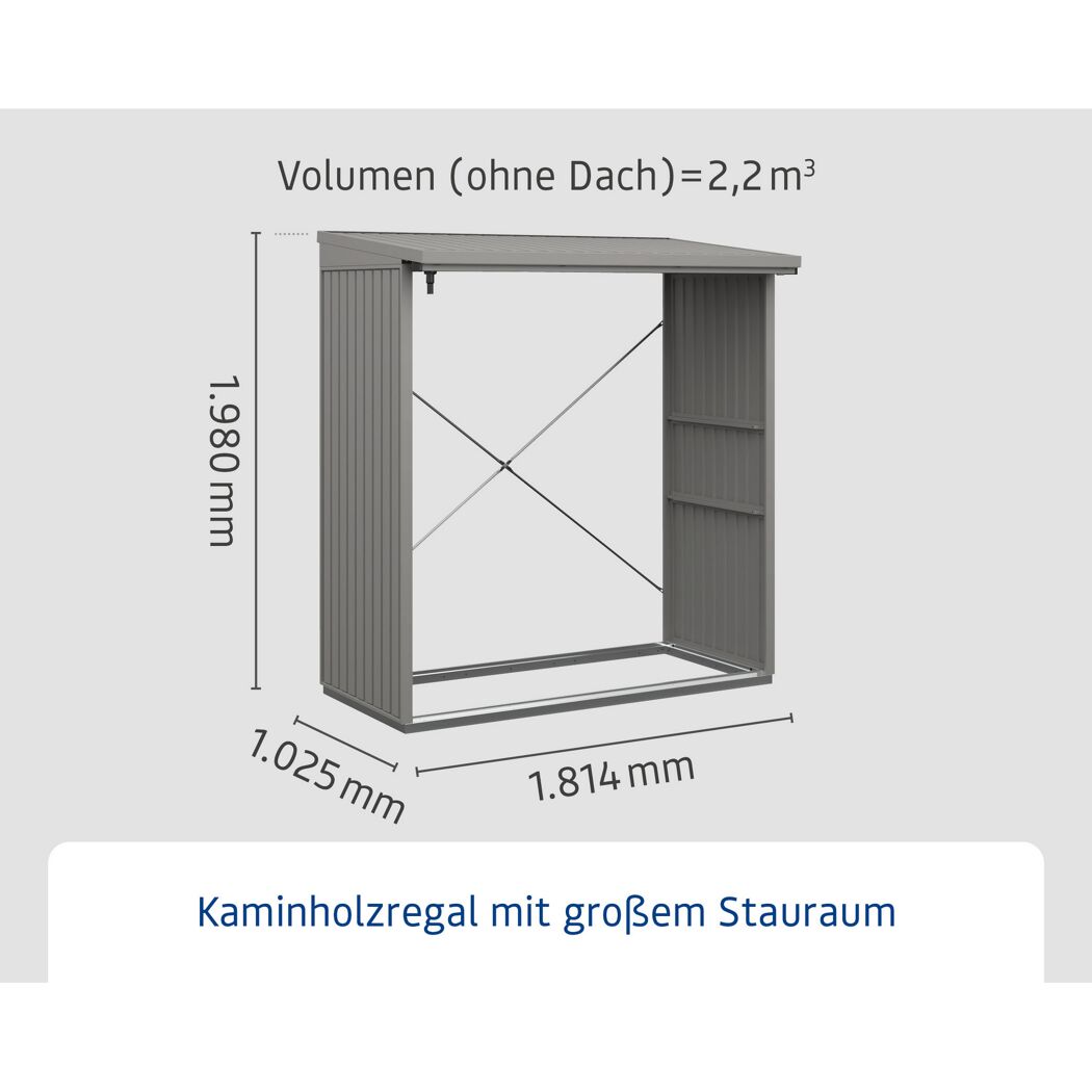 Graues Kaminholzregal mit den Maßen 1,8 x 1 m und 2 m hoch