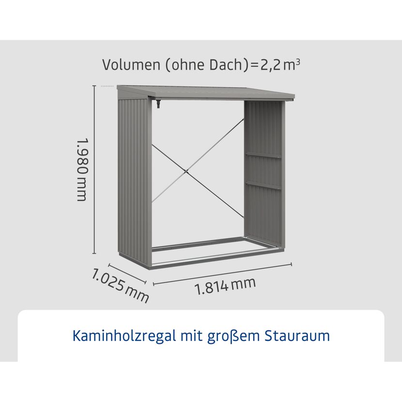 Graues Kaminholzregal mit den Maßen 1,8 x 1 m und 2 m hoch