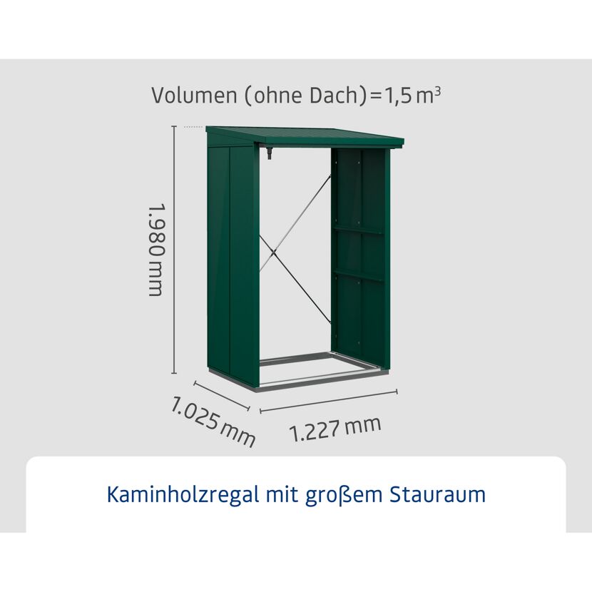 Grünes Kaminholzregal mit den Maßen 1,2 x 1 Meter x 2 Meter Höhe
