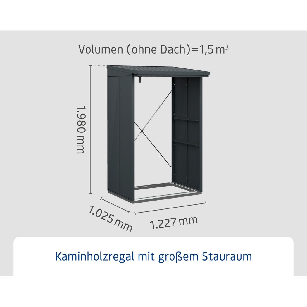 Anthrazitfarbenes Kaminholzregal mit den Maßen 1,27 m x 1,025 m x 1,98 m
