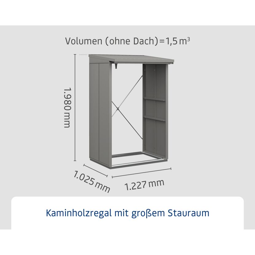 Graues Kaminholzregal mit den Maßen 1,227 m x 1,025 m x 1,980 m.