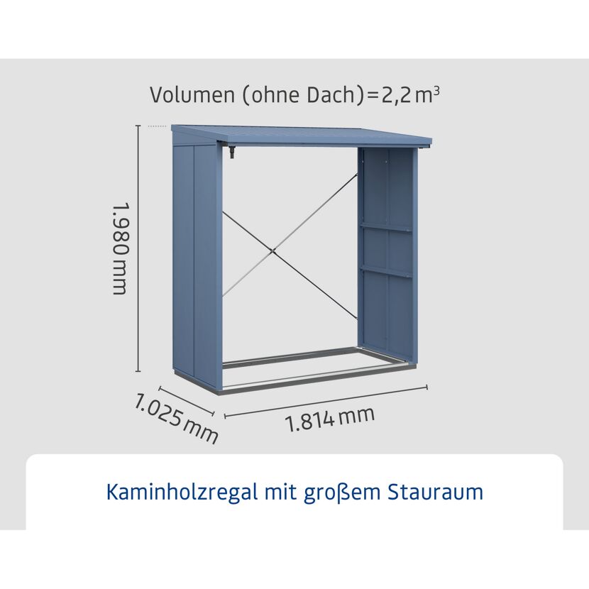 Blaues Kaminholzregal mit den Maßen 1,8 x 1 x 2 m