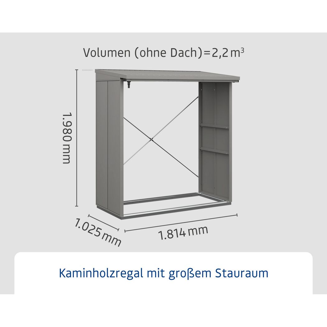 Graues Kaminholzregal mit den Maßen 1,8 x 1 x 1,9 m