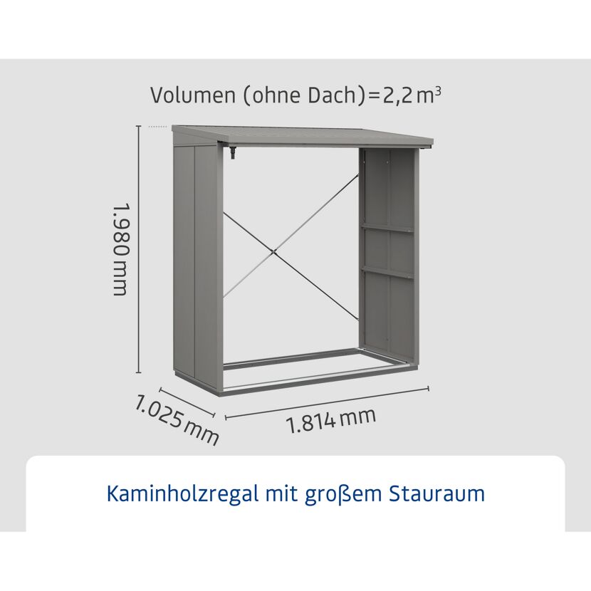 Graues Kaminholzregal mit den Maßen 1,8 x 1 x 1,9 m