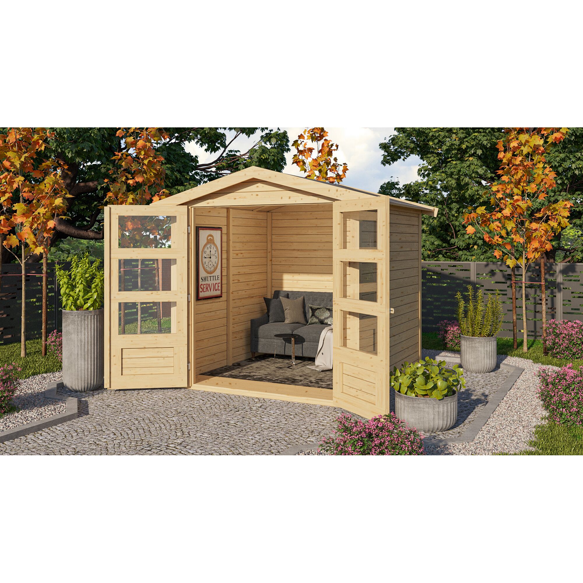 Gartenhaus GH Gramberg 2 naturbelassen mit Sofa