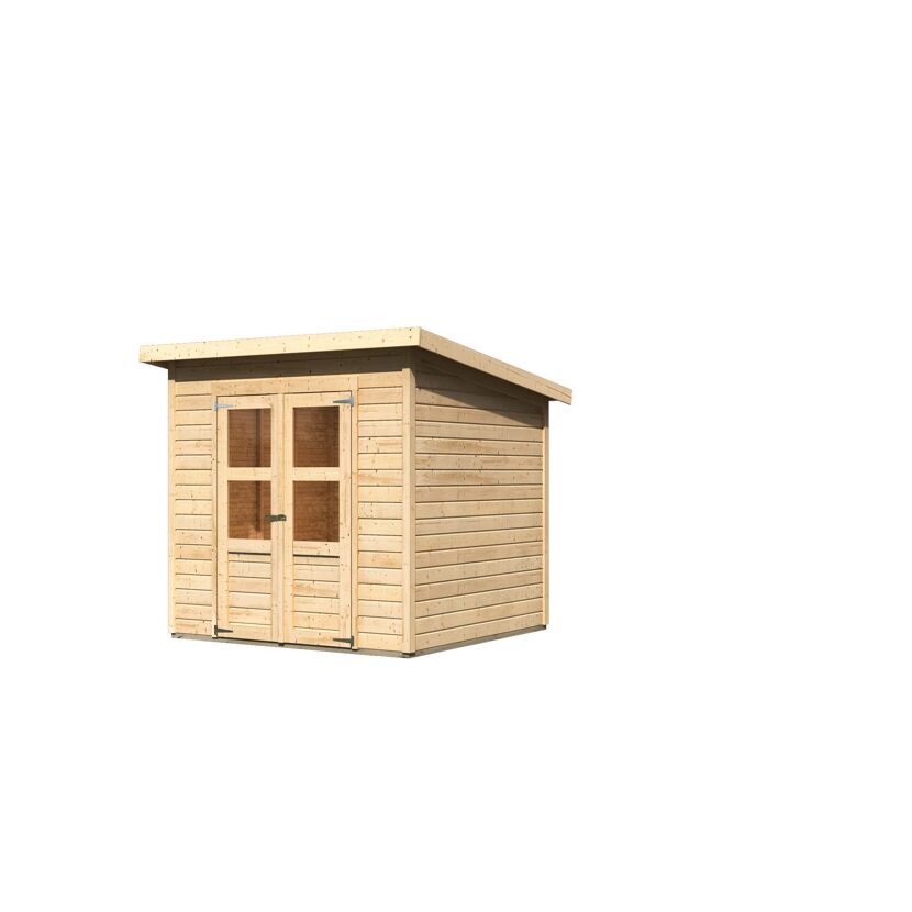 Kleines Gartenhaus aus hellem Holz mit Doppeltür und Fenstern.