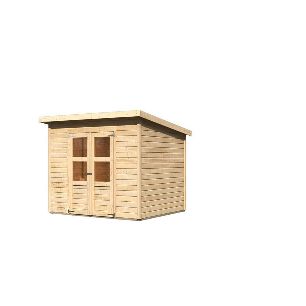 Kleiner Holz-Gartenschuppen mit Doppeltür und Fenstern.