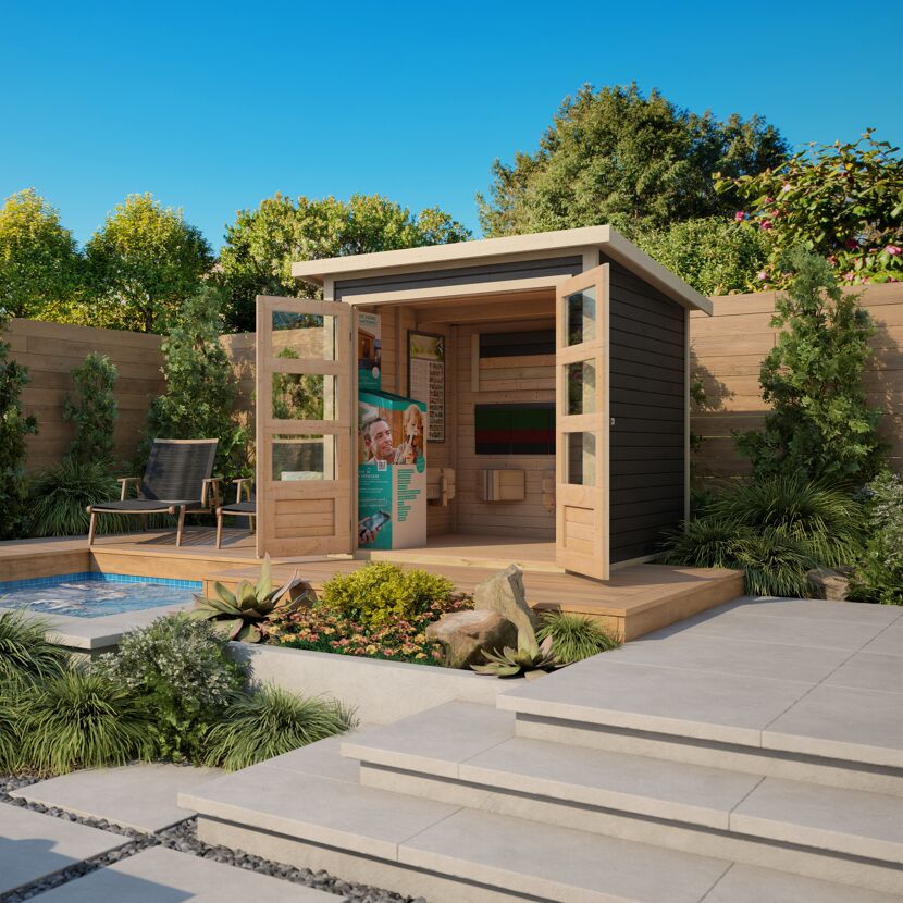 Gartenhaus Rockach 2 terragrau mit geöffneten Türen
