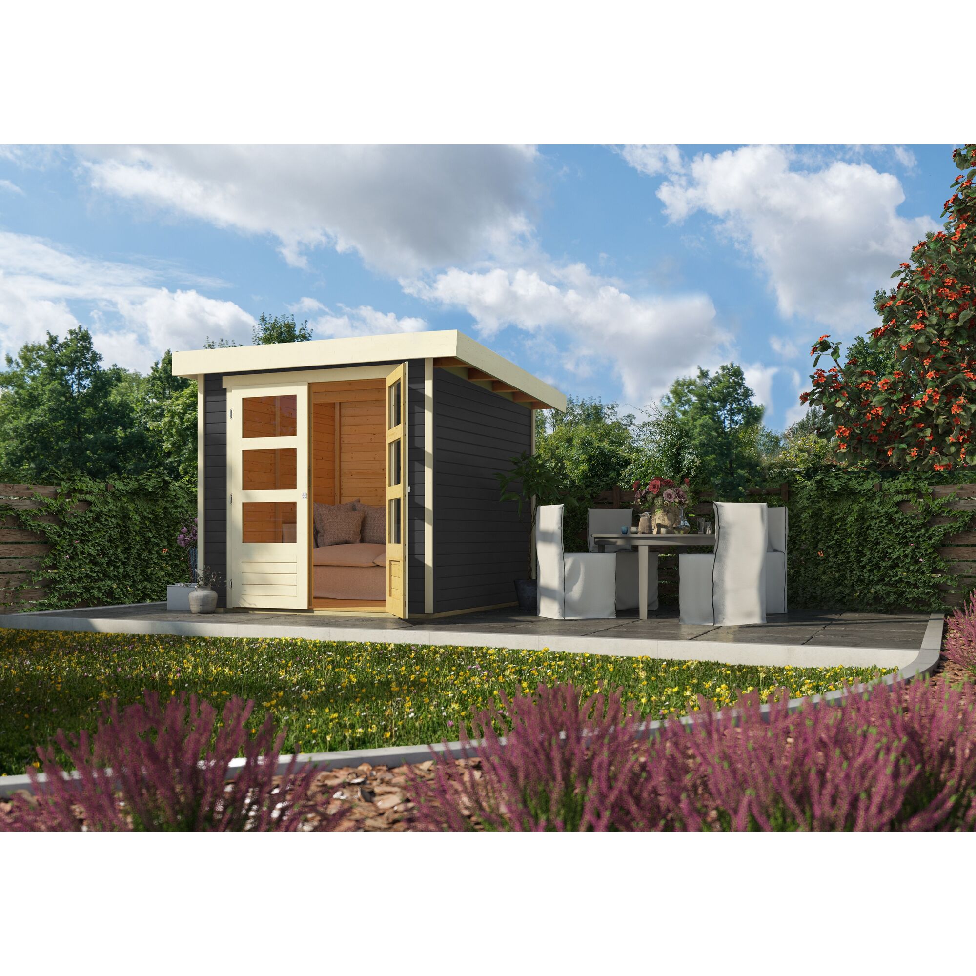 Gartenhaus mit Sitzecke und Essbereich im Garten