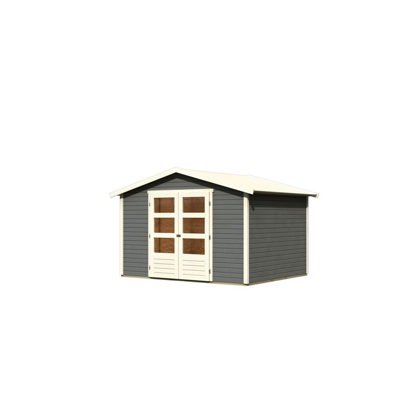 Graues Gartenhaus mit cremefarbenen Türen und Fenstern.