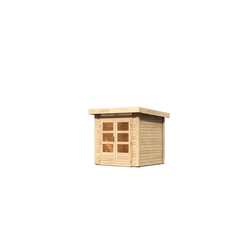 Kleiner Holzpavillon mit Doppeltür und Fenstern.