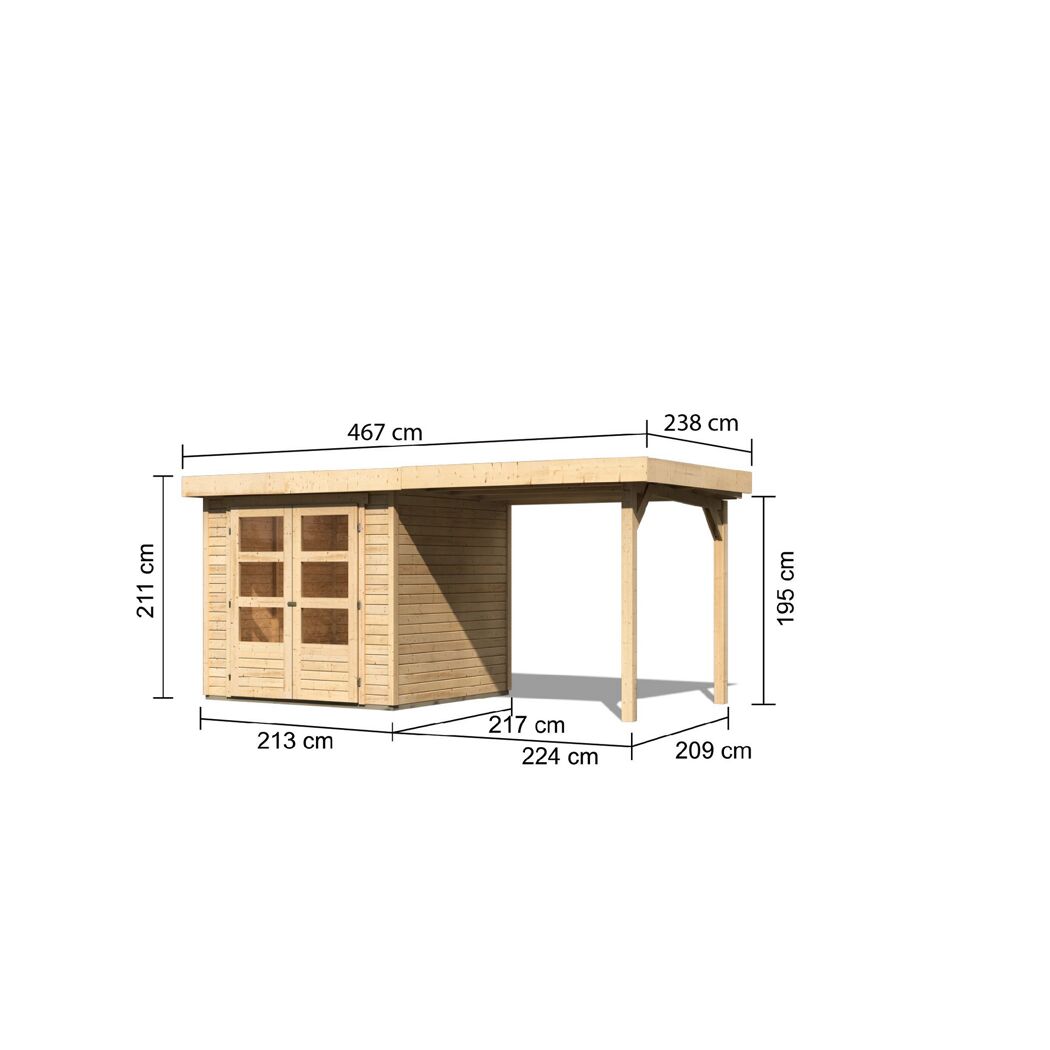 Gartenhaus aus Holz mit angebautem Dach