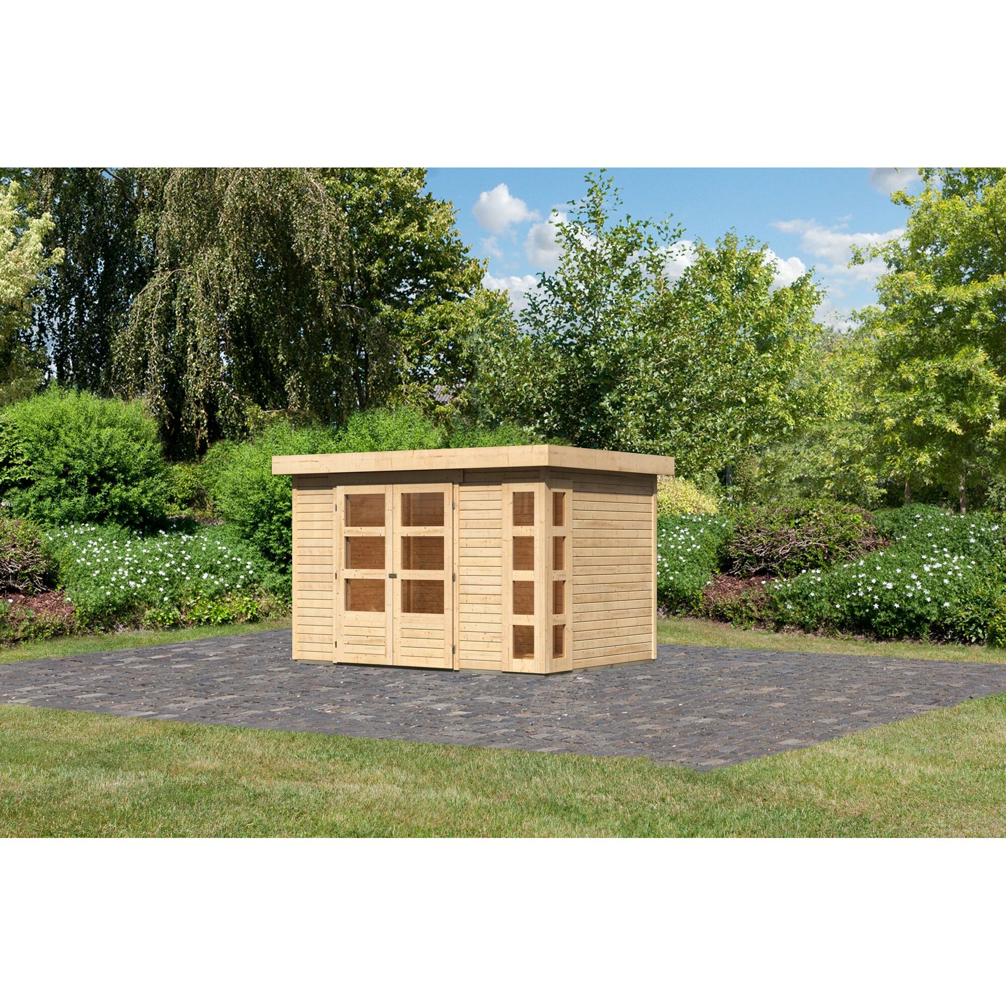 Gartenhaus aus Holz mit Doppeltür und Seitenfenstern