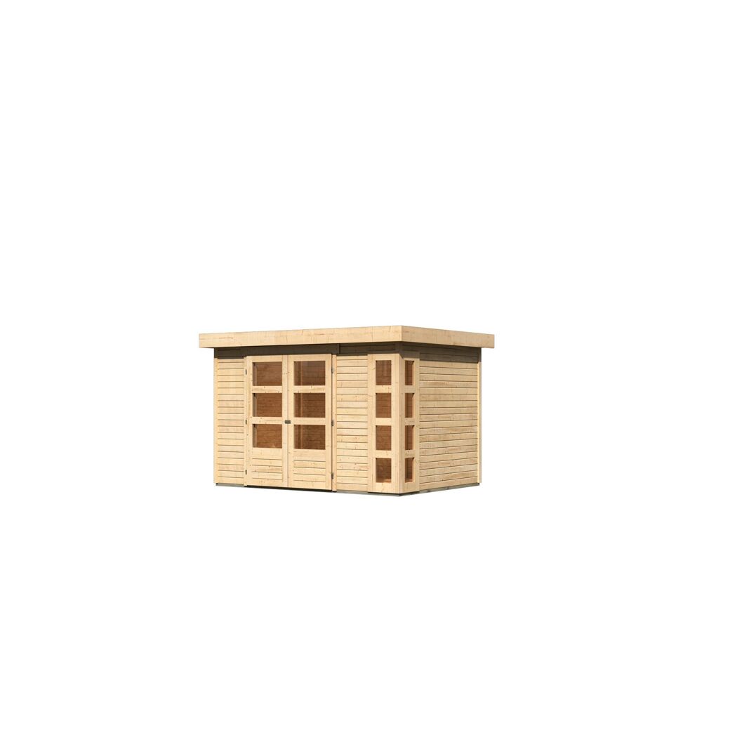 Kleines Gartenhaus aus hellem Holz mit Fenstern und Türen.