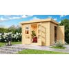 Gartenhaus aus Holz mit Anbau und Terrasse
